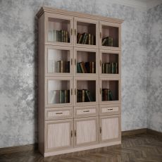 Широкий книжный шкаф со стеклом с ящиками шириной 90-100 см цвета шимо светлый