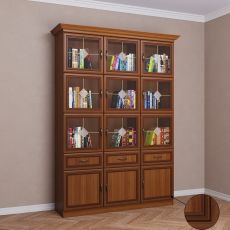 Широкий книжный шкаф со стеклом с ящиками цвета патина донской орех