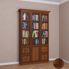 Широкий книжный шкаф со стеклянными дверцами с ящиками для мелочей цвета патина донской орех
