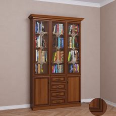 Книжный шкаф со стеклом с ящиками для мелочей шириной 120-135 см цвета патина донской орех