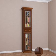 Узкий книжный шкаф со стеклянными дверями с ящиками для мелочей цвета патина донской орех