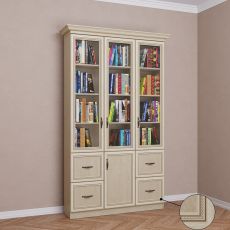 Большой книжный шкаф со стеклянными дверцами с выдвижными ящиками цвета патина молочный дуб