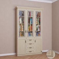 Трехстворчатый книжный шкаф со стеклом с выдвижными ящиками цвета патина молочный дуб