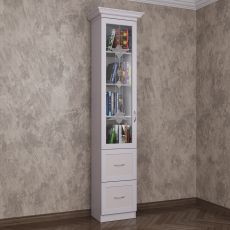 Однодверный книжный шкаф с выдвижными ящиками белого цвета
