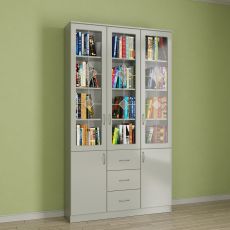 3-створчатый книжный шкаф с выдвижными ящиками цвета белый глянец