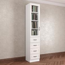 Узкий книжный шкаф со стеклом с ящиками цвета амадеус белый глянец 
